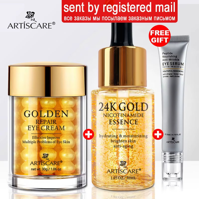 24K Gold Skin Care 3Pcs/Set for Moisturizing Dark Circles Serum Face Essence Nourishing Skin Care Products